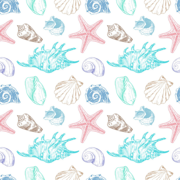 Patrón sin costuras con conchas marinas delineadas aisladas sobre fondo blanco
 - Foto, Imagen