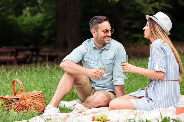 Hermosa pareja joven disfrutando de su tiempo en el picnic
 - Foto, imagen