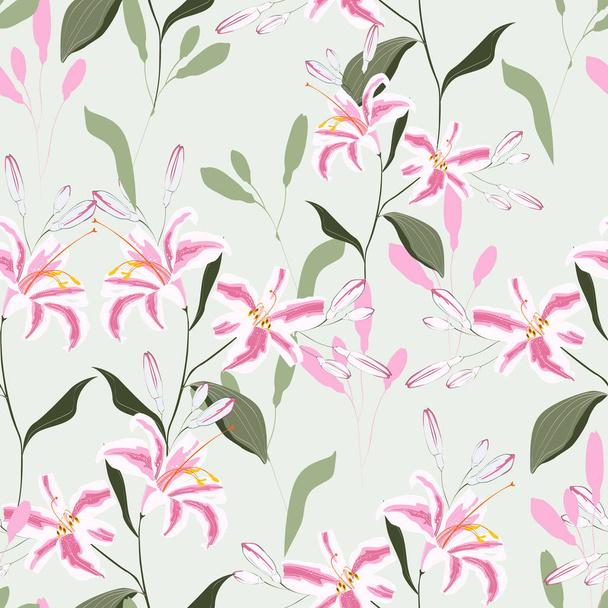 Trendy Floral pattern with pink lilies flowers. Spring, summer seamless pattern, Printing with beautiful flowers. Mint background. Vintage style. - ベクター画像