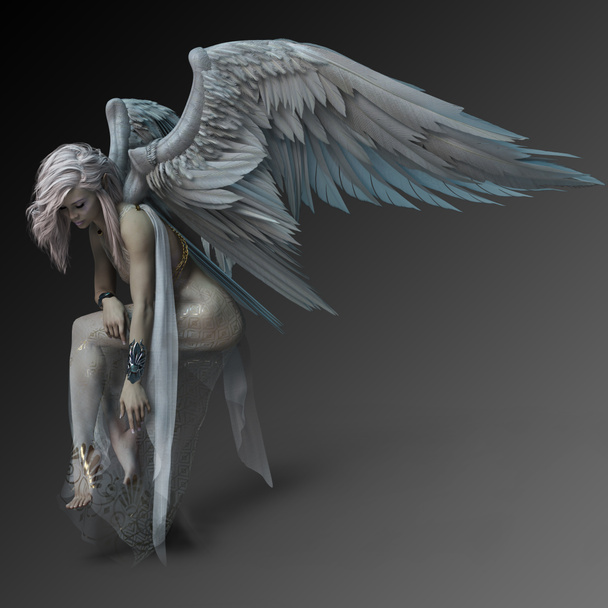 Fantasy Pensive anioł z białymi skrzydłami, patrząc w dół - Zdjęcie, obraz