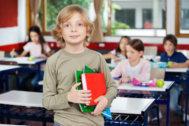 Schoolboy Holding Books While Standing In Classroom - Photo, Image