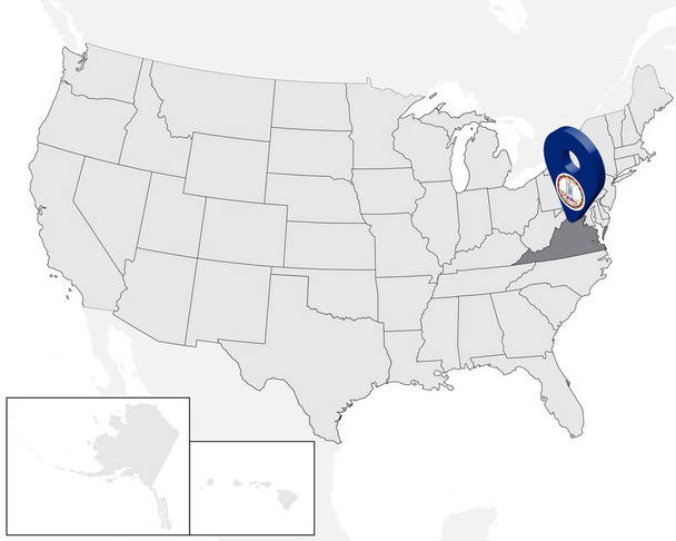 Lageplan des Bundesstaates virginia auf Karte USA. 3d state virginia flag map marker location pin. qualitativ hochwertige Karte von Jungfrau. Vektorabbildung eps10. - Vektor, Bild