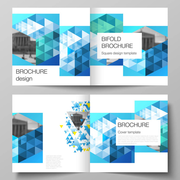 L'illustration vectorielle de la mise en page modifiable de deux modèles de couvertures pour le design carré bifold brochure, magazine, dépliant, livret. Fond polygonal de couleur bleue avec triangles, motif mosaïque coloré
. - Vecteur, image