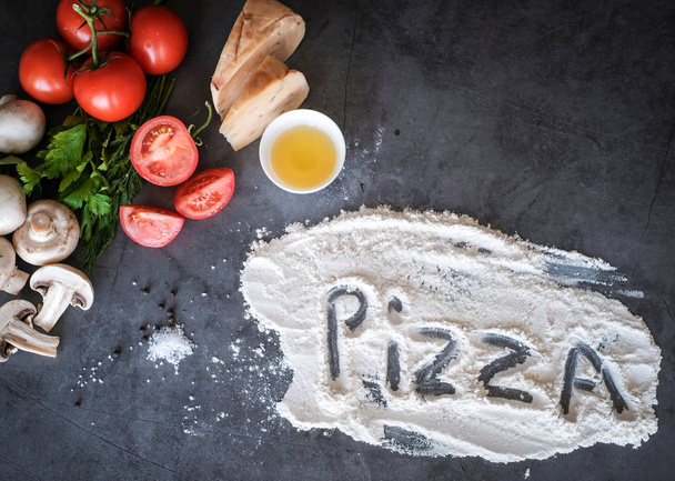 Food ingredients for pizza on black background, as tomatoes, cheeze or mushrooms - Fotoğraf, Görsel