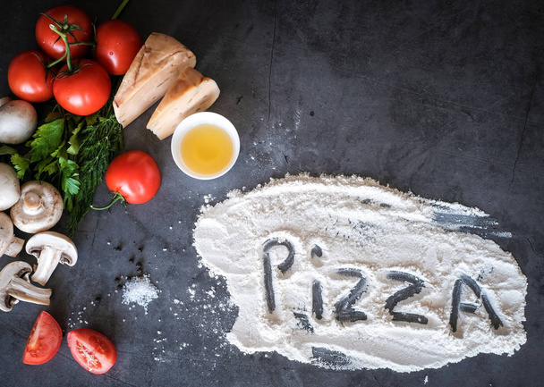 Food ingredients for pizza on black background, as tomatoes, cheeze or mushrooms - Foto, imagen