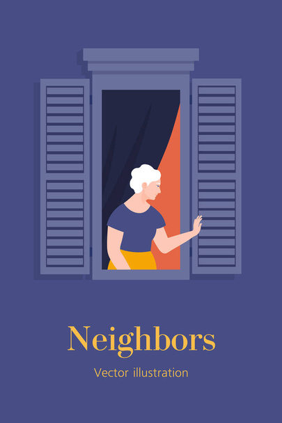Bir dairenin penceresinde yaşlı bir kadın. Bir komşu el sallıyor ve selamlıyor. Büyükanne. Metinli şablon kartpostal. Vektör düz illüstrasyon - Vektör, Görsel