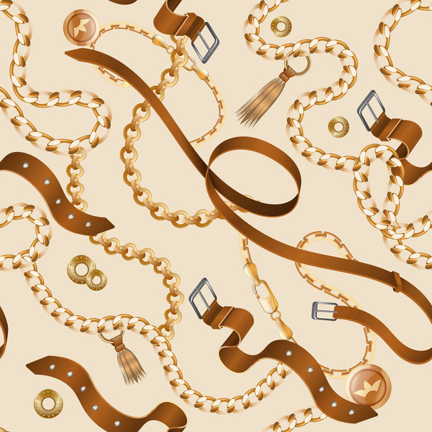 Chains and braids pattern. Seamless ornamental wallpaper, realistic leather belt and golden furniture. Vector bracelets and buckles - Вектор,изображение