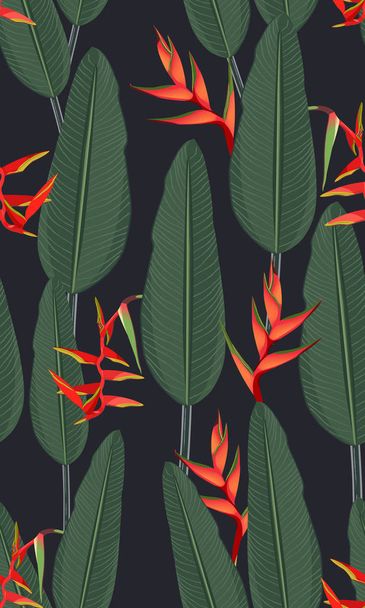 Seamless pattern tropical leaves with heliconia on black background - Vector, Image