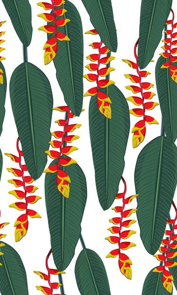 Бесшовный узор тропических листьев с геликонией на белом фоне
 - Вектор,изображение