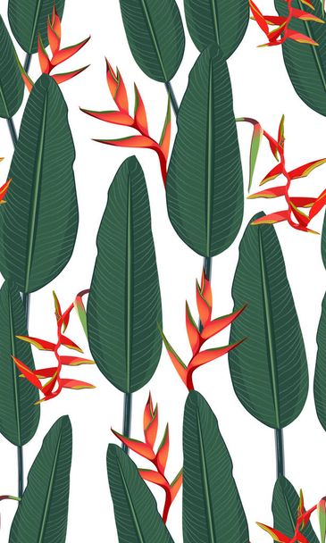 Seamless pattern tropical leaves with heliconia on white background - Vetor, Imagem