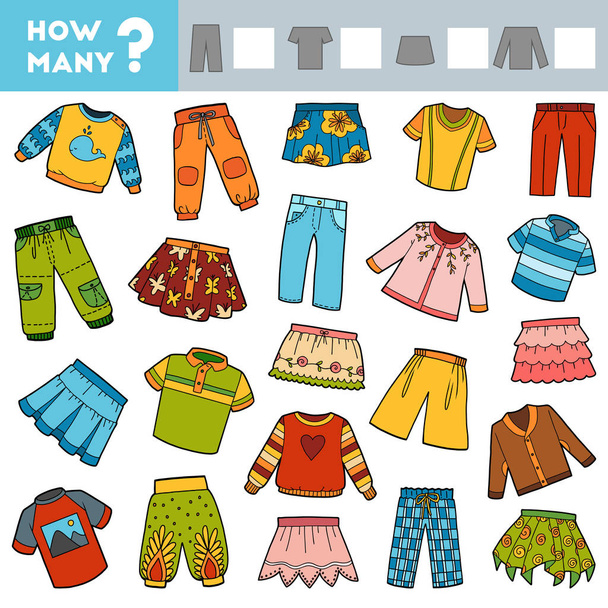 Counting Game for Children. Educational a mathematical game. Count how many skirts, trousers, jumpers, T-shirts - Vector, Image