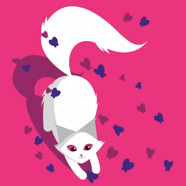 Valkoinen pörröinen kissa metsästää pelataan perhosia. Hauska kissa, jolla on vaaleanpunaiset silmät. Monivärisiä perhosia. Kuva tasainen sarjakuva
. - Vektori, kuva