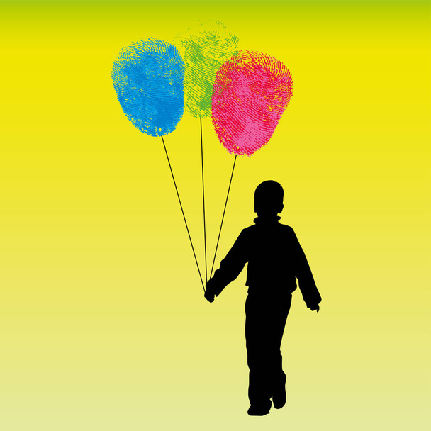 Metáfora da identidade. Uma criança com impressões digitais como balões
. - Vetor, Imagem