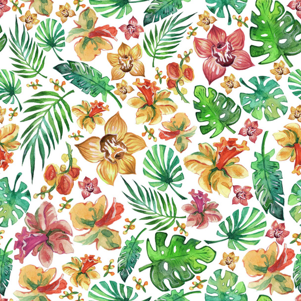 Watercolor tropical flowers and leaves seamless - Photo, image