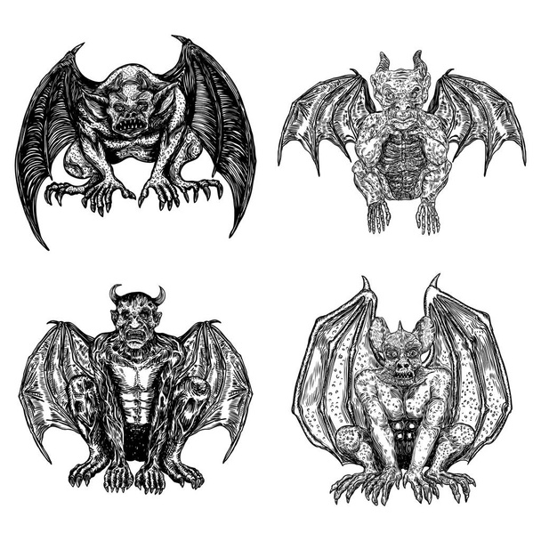 Set of mythological ancient creatures animals with bat like wing - Vector, imagen