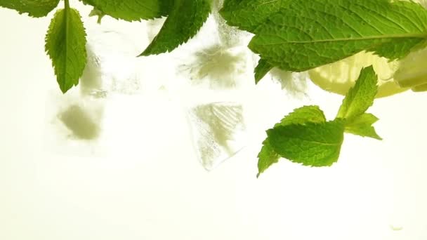 Close up ice cubes, mint leaves, lemon in mojito - Footage, Video