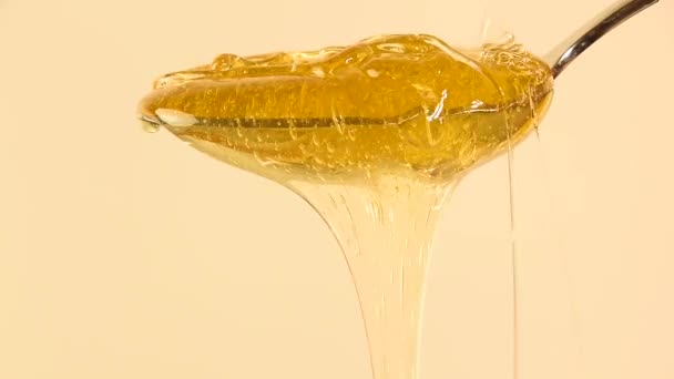 Chiuda il miele che fluisce da cucchiaio in metallo su beige
 - Filmati, video