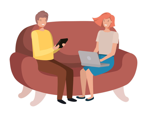 молодая пара, использующая ноутбук в персонаже аватара
 - Вектор,изображение