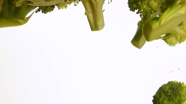 Close up broccoli and carrot thrown float in water - Materiał filmowy, wideo