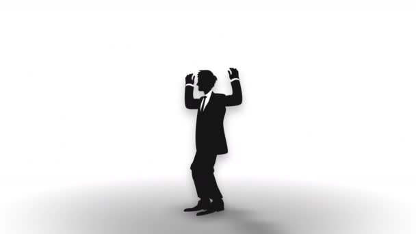 La silhouette di un uomo felice che salta su. Simbolo aziendale di successo. Uomo d'affari di successo con le braccia alzate. Animazione cg loop
. - Filmati, video