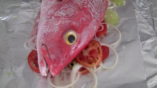 Pečení Červený snapper-Příprava surové červené ryby na rajčata, olivy a cibulky, připravené k grilování - Záběry, video