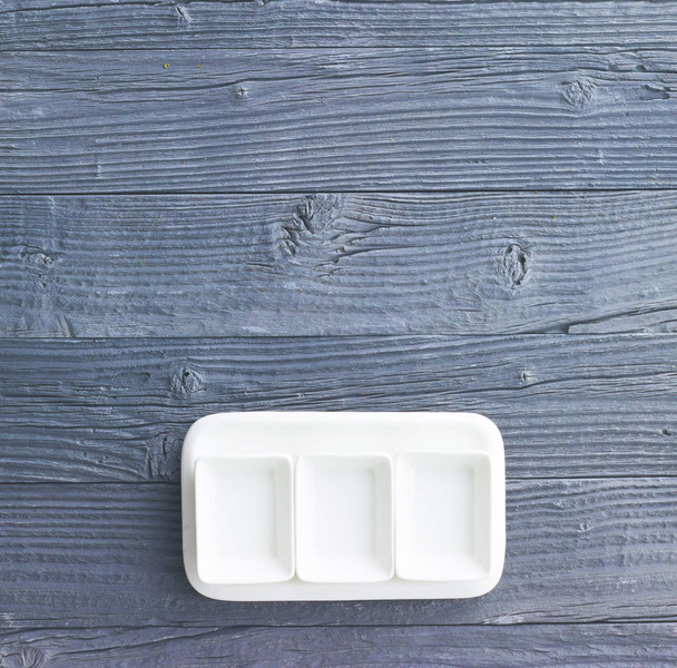 Empty Plate on wooden background. Top View with Text Space - Zdjęcie, obraz
