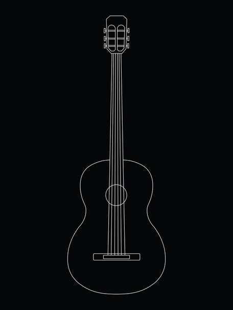 Простой рисунок белой линией контура гитарного музыкального инструмента на черном фоне. Для обучения студентов, иллюстрация для словарей музыкальных школ
 - Вектор,изображение