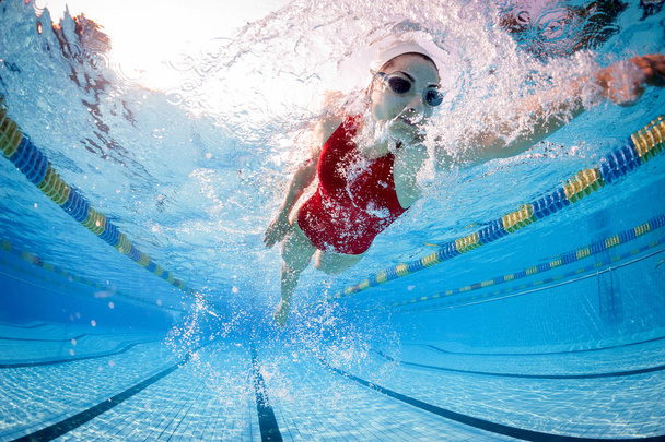 Yüzme havuzu içinde profesyonel kadın yüzücü. - Fotoğraf, Görsel