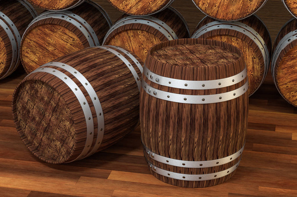 Bodega de madera barril con fondo de color cálido, 3d renderizado
 - Foto, Imagen