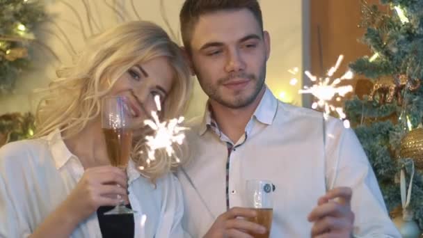 Beautiful Loving Couple Holding Glasses Of Champagne And Celebrating Happy New - Materiał filmowy, wideo