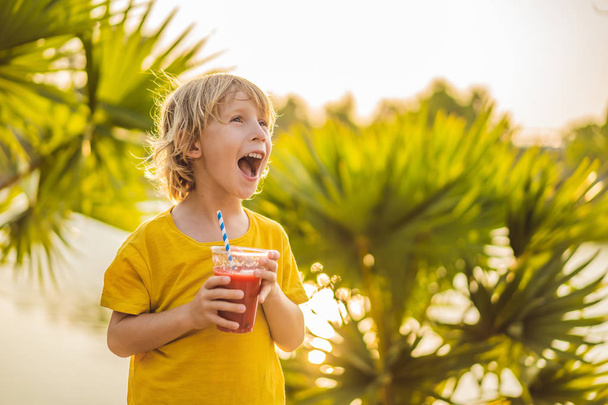 Boy drink healthy smoothies against the backdrop of palm trees. Watermelon smoothies. Healthy nutrition and vitamins for children - Zdjęcie, obraz