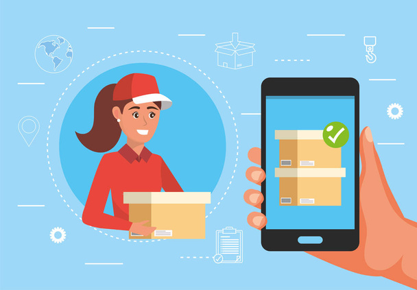 woman delivery with box and hand with smartphone package service - Vector, Image