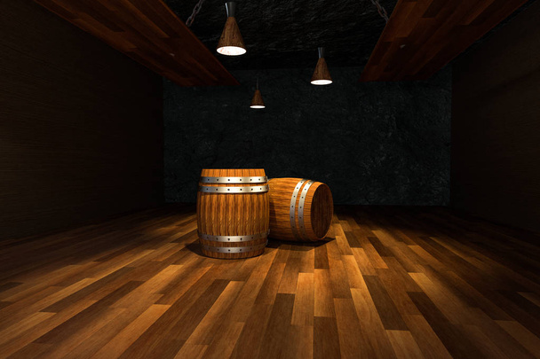 Wooden cellar with barrels inside, vintage beverage warehouse, 3d rendering. - Photo, Image
