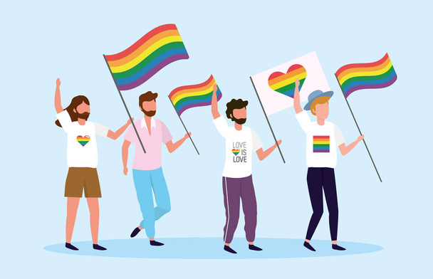 hombres con arco iris y bandera del corazón a la libertad lgbt
 - Vector, imagen