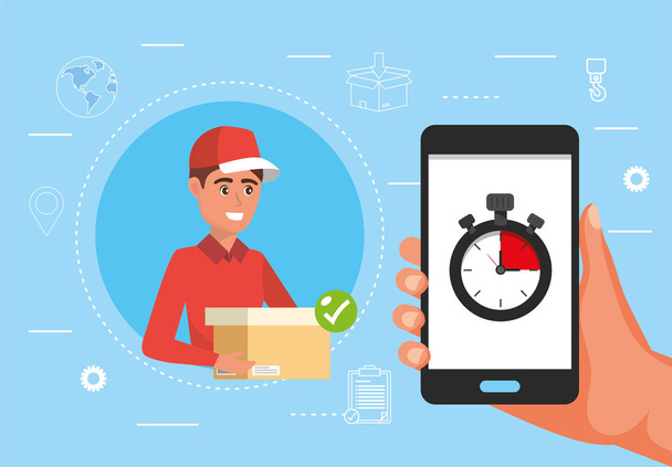 man delivery with package and hand with smartphone and chronometer - Vector, Image