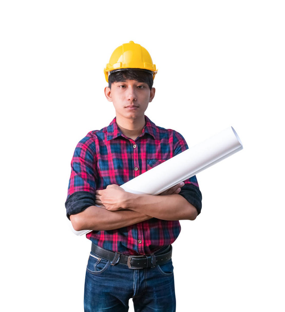 Ingeniero sosteniendo planos laminados brazo de construcción cruz sobre fondo blanco
 - Foto, Imagen