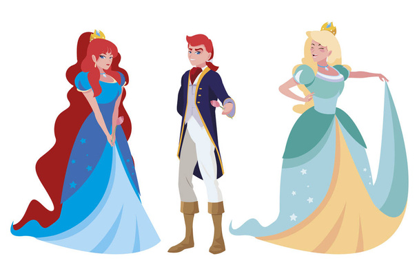 πρίγκιπας γοητευτικός και δύο πριγκίπισσα των ιστοριών χαρακτήρες - Διάνυσμα, εικόνα