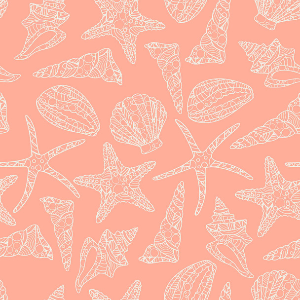 コンクシェルとヒトデをピンクの背景にした禅アートスタイルのシームレスなパターン - ベクター画像