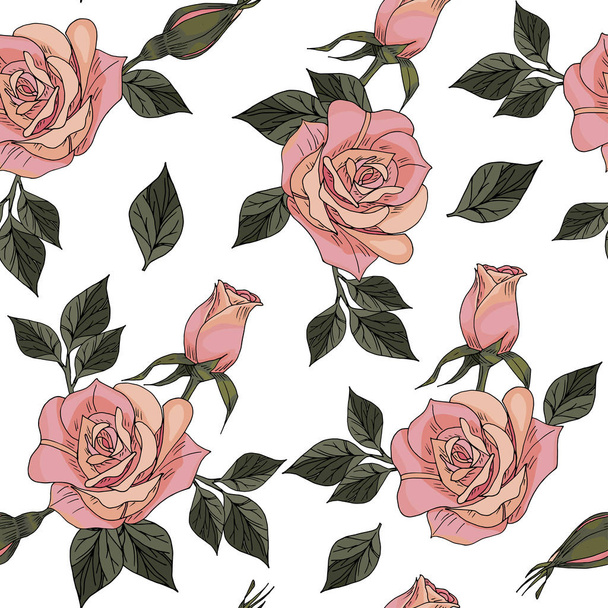 Seamless pattern with hand drawn rose flower with branches and leaves and buttons vector illustration - Vecteur, image