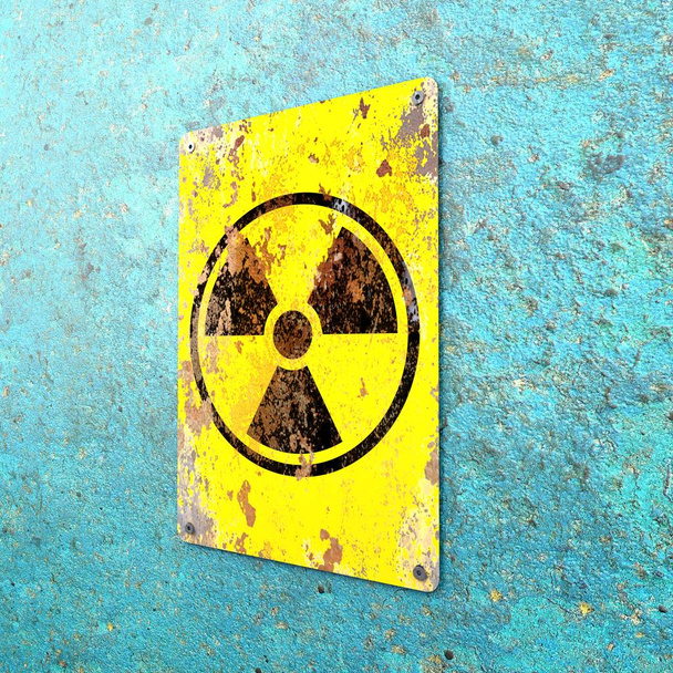 Nukleáris oldalon, jel lóg a kék falon. Radioaktív terület jelenlétének jelzése, 3D-s renderelés. Nukleáris fegyverekkel. Veszélyes oldal - Fotó, kép