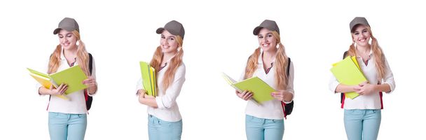 Girl student with books on white - Foto, Imagen