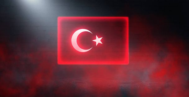 Eski tuğla duvar arka planda Neon Türkiye bayrağı. Neon çok renkli ışık, duman - Fotoğraf, Görsel