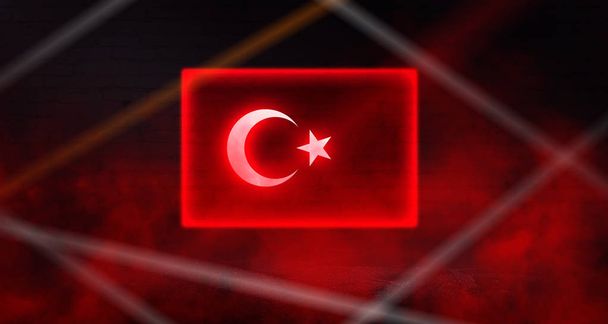 Bandiera al neon Turchia su sfondo vecchio muro di mattoni. Luce multicolore al neon, fumo
 - Foto, immagini