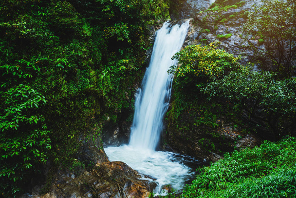 Travel the highest waterfall in Chiangmai Mae-pan waterfall rainy season forest at Doi intanon. summer, waterfall, travel Thailand, background. - Photo, Image