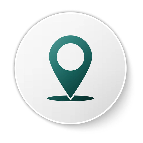 緑の地図ピンアイコンは、白い背景に分離されています。ポインターシンボル。ロケーション標識。ナビゲーションマップ、GPS、方向、場所、コンパス、連絡先、検索コンセプト。緑色の円ボタン。ベクトルイラストレーション - ベクター画像