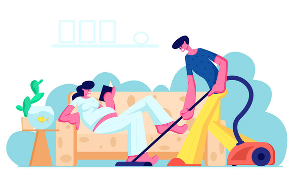 Happy Loving Couple Husband and Wife Prepare Become Parents. Man Vacuuming Floor, Pregnant Woman with Big Belly Reading on Couch. Young Family Waiting Baby, Clean Home Cartoon Flat Vector Illustration - Vector, Image