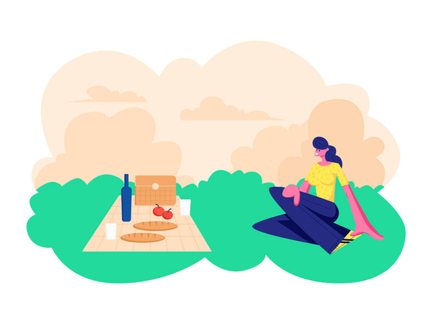 Щаслива усміхнена жінка сидить на траві з скатертиною, їжею та пляшкою вина. Відпочинок на відкритому повітрі на пікніку, знайомства на відкритому повітрі запасний час, літні канікули, активність на вихідних. Мультфільм плоский Векторні ілюстрації
 - Вектор, зображення
