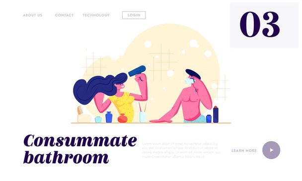Every Day Routine, Hygiene. Loving Couple Morning Procedure. Girl Drying Hair with Fan, Man Shaving in Bathroom. Love Relations Website Landing Page, Web Page. Cartoon Flat Vector Illustration, Banner - Vector, Image