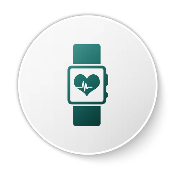 Relógio inteligente verde mostrando ícone de ritmo cardíaco isolado no fundo branco. Conceito de Fitness App. Botão de círculo verde. Ilustração vetorial
 - Vetor, Imagem