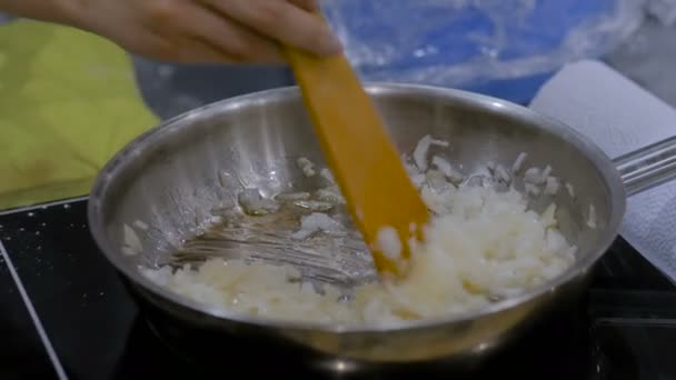 Κρεμμύδια τηγανισμένα και ψημένα στο τηγάνι - Πλάνα, βίντεο